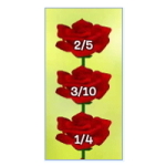 Tre roser på en stilk. På blomstene står det 2/5, 3/10 og 1/4 (fra toppen ned).